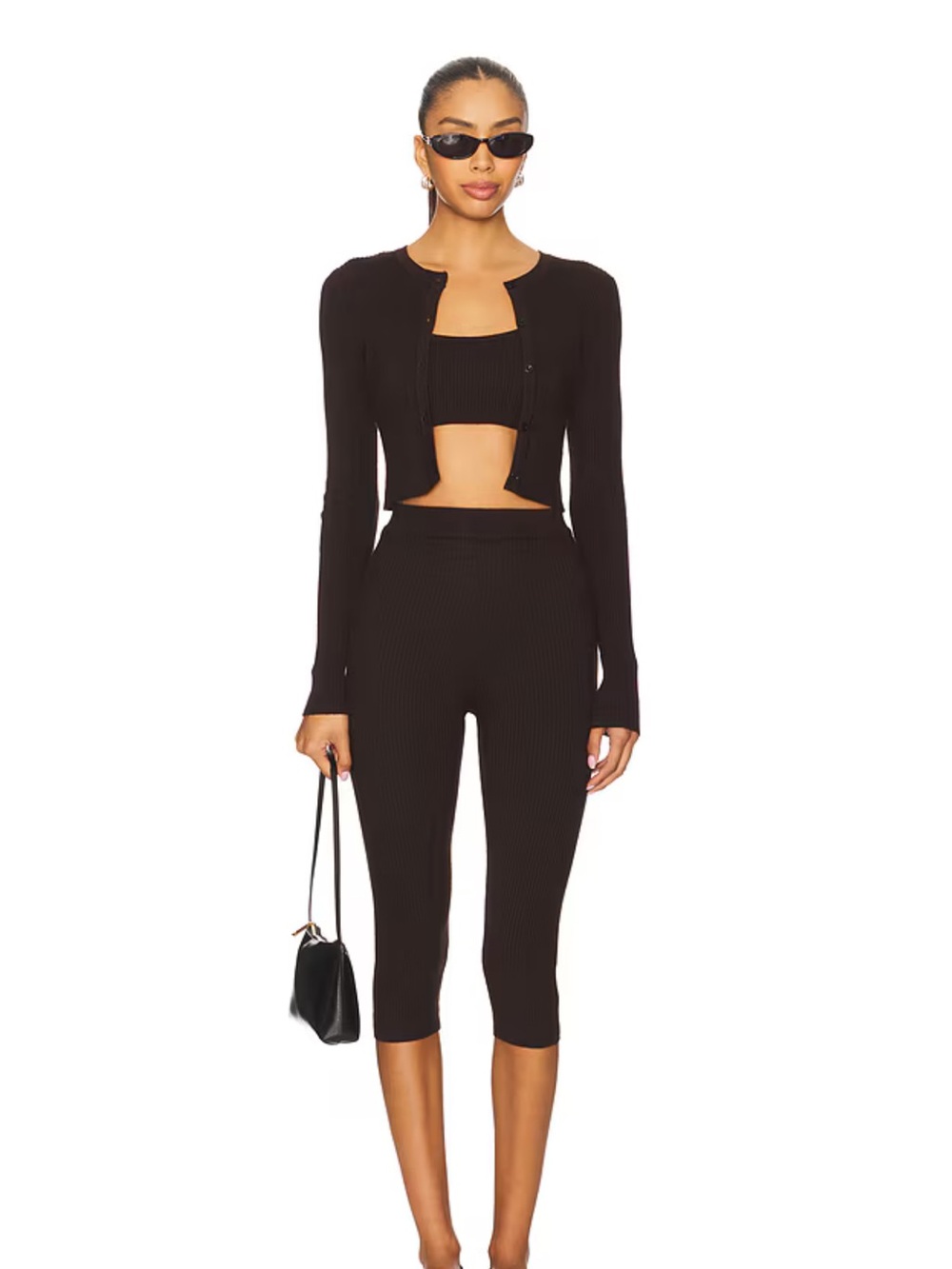 Ribbed Cropped Capri Pants - Black